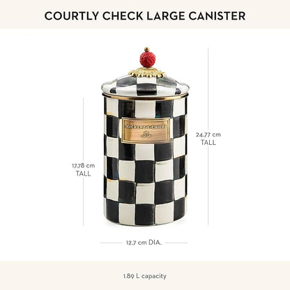 MACKENZIE-CHILDS Large Enamel Canister, Kitchen Storage Container for Flour and Sugar, 1.89 Liters, Black-and-White Courtly Check