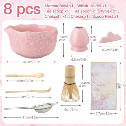 Matcha Whisk Set, 8-Piece Ceramic Japanese Matcha Bowl & Accessories Kit for Traditional Tea Ceremony, Home Use & Gifts (Pink)