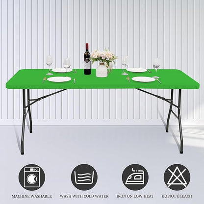 6 Pack Fitted Tablecloth for 6 Foot Rectangle Tables, Green Elastic Outdoor Picnic Table Cover, Washable Stretch Folding Table Cloths 6 ft for Camping Party Patio Kitchen Banquet, 30" W x 72" L