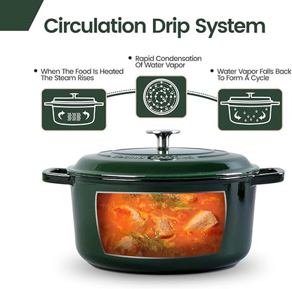 Enameled Cast Iron Dutch Oven Pot With Lid, Dutch Oven for Sourdough Bread Baking Round Pot Dule Handle, 7.5 Quart, Green