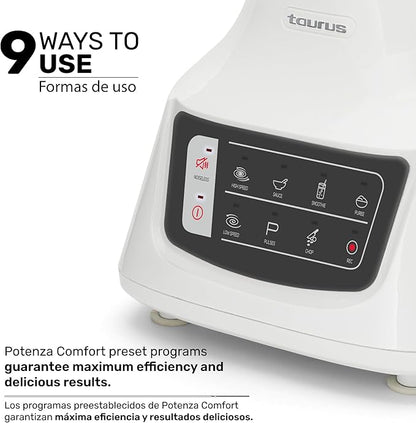 Taurus Potenza Comfort Blender, 1050W, 1.5L Glass Jar, Up to 50% Less Noise, Stainless Steel Blades, 9 Speed Settings, Quiet Powerful Blender for Smoothies, Ice, and Frozen Drinks