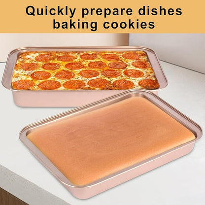9x13 Baking Pan, Rectangle Cake Pan Nonstick, Bakeware Baking Pans for Oven, Easy Clean, Carbon Steel Cake Pan for Lasagna Brownies Casseroles Cakes Pan, Rose Gold