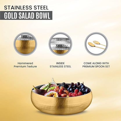 Avador® Set of 3 Premium Stainless Steel Salad Mixing Bowl Hammered Finish | Handmade | Includes Salad Serving Utensils (Gold Plated)