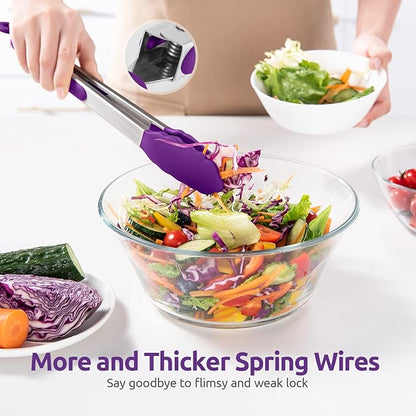 600ºF Heat Resistant Kitchen Tongs: U-Taste 12 inch Large Silicone Cooking Tong with Sturdy Non Stick Rubber Tips & Silicon Coated 18/8 Stainless Steel Handle & Smooth Locking for Serving Grill-Purple