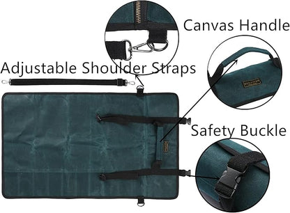 Denifiter Professional Chef's Knife Bag with Anti Cutting Fabric Inside, Heavy Duty 16oz Waxed Canvas Knife Roll, 11 Slots & Durable Handle Adjustable Shoulder Strap (Dark Green)