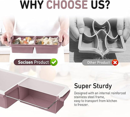Silicone Freezer Tray with Lid Soup Freezer Container Molds with Steel Reinforced Rim Large Ice Cube Tray Makes 4 Perfect 2 Cup Portions Cubes Storage Food Meal Prep Containers Cookware 2 Pack