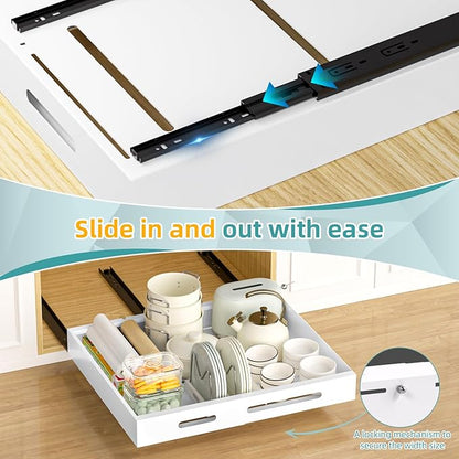 HBL' 1 Pack | 21" Deep Pull Out Cabinet Organizer Adhesive, (13.8" to 22.0") Width Expandable Sturdy Carbon Steel Roll-Out Drawers for Face Frame or Frameless Cabinets,Slide-Out Shelves for Pantry.