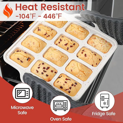 CAKETIME 3 Pack Silicone Bakeware Set, Metal Reinforced Frame Silicone Muffin Pans for Baking Nonstick with Handle,12 & 24 Cup Muffin Pans and 12-Cup Mini Loaf Pan, BPA Free