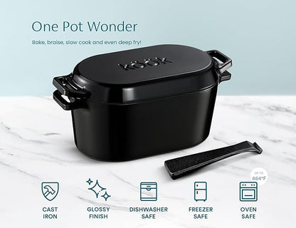 KooK Dutch Oven, for Bread Baking, Sourdough Loaf Pan, with Lid, Dual Handles, Enameled Cast Iron, includes Lid Lever, Dishwasher Safe, 3.4 Qt, Black