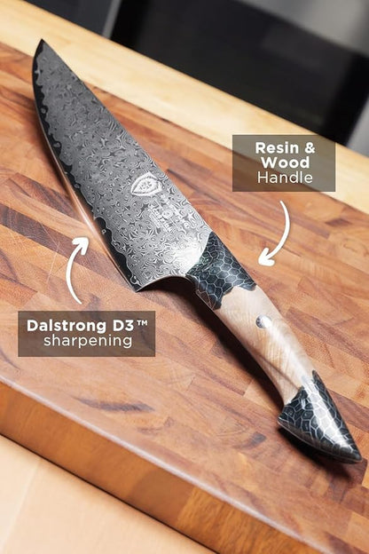 Dalstrong Chef Knife Professional- 9.5”-Scorpion Series - Venom Edition - Japanese Steel Chef Knife - Spiral Sandstorm Blade Pattern - Black Honeycomb Resin Handle - w/Chef KnifeSheath