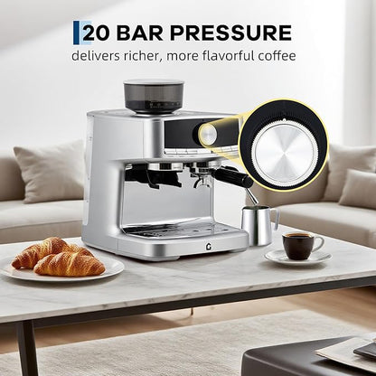 Garvee 20 Bar Pressure Stainless Steel Espresso Machine with Grinder, 1.5L Removable Water Tank, Milk Frother Steam Wand for Latte/Cappuccino - Adjustable Shot Volume, Professional Home/Office Use