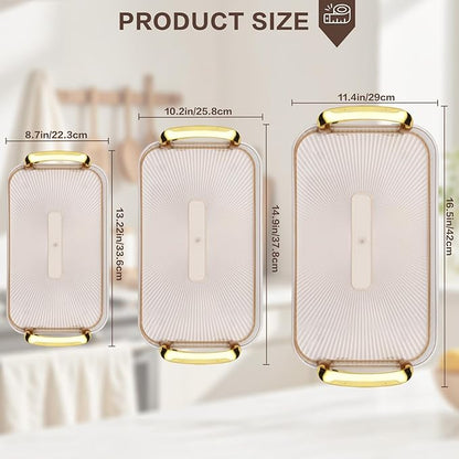 Serving Tray with Handles Set of 3 Rectangular Large Serving Platters 16.5/14.9/13.2 Inch White Plates for Dinner, Party, Entertaining, Amber
