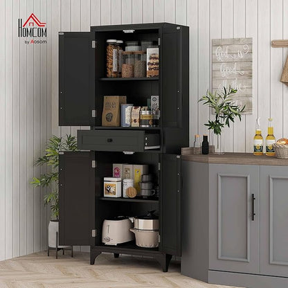 HOMCOM 67" Tall Freestanding Kitchen Pantry Cabinet, 4-Door Storage Cabinet with Drawer and Adjustable Shelves for Dining Room, Black