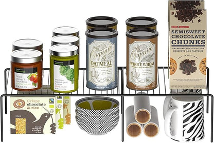 Kitchen Cabinet Expandable Shelf Organizers Set of 4, Adjustable Metal Wire Pantry Storage Shelves, Plate Dish Organizer Rack for Cabinets, Cupboard, Counter, Freezer, Countertop, Black