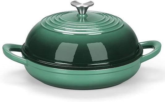 E-far Dutch Oven for Sourdough Bread Baking, 6 Qt Round Enameled Cast Iron Dutch Oven for Homemade Artisan Bread, Dome Lid & Shallow Base, Matte Black Interior & Durable, Oven-Safe to 500℉, Dark Green