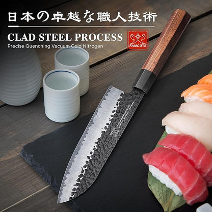 Santoku Knife 7 inch, Hand Forged 5 Layers 9CR18MOV High Carbon Steel Professional Kitchen Knife, Ultra Sharp Rosewood Handle Japanese Sushi Knife As a Thoughtful Birthday Gifts for Mom/Dad