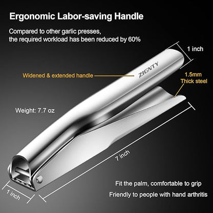 Professional Garlic Press Stainless Steel, Garlic Mincer No Need to Peel, Large Trough Garlic Crusher, Ergonomic Handle Garlic Ginger Presser Masher, Easy Squeeze Rust Proof Dishwasher Safe