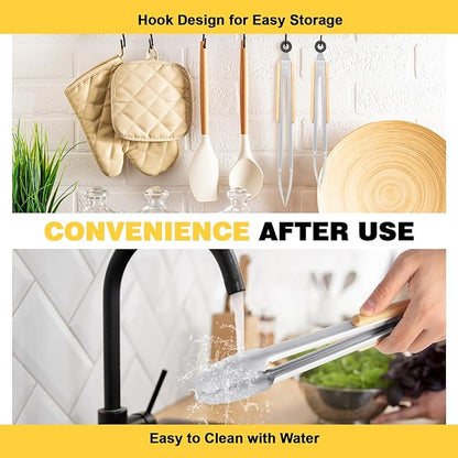 2 Pcs Tongs For Cooking - 9 Inch and 12 Inch, Stainless Steel Kitchen Tongs, Heat Resistant 1100°F, Pull Ring Lock, Solid Wood Handles, For Grilling, Barbecuing, Cooking