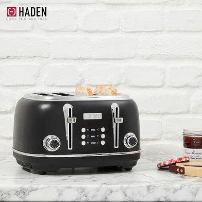 Haden Heritage 4 Slice Wide Slot Stainless Steel Toaster Bundled with 1.7 Liter Stainless Steel Electric Water Kettle, Black & Chrome