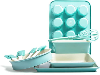 GreenLife Cooking Tools and Utensils, 5 Piece Nylon and Silicone Baking Set with Spatulas Wisk and Brush, Dishwasher Safe, Turquoise