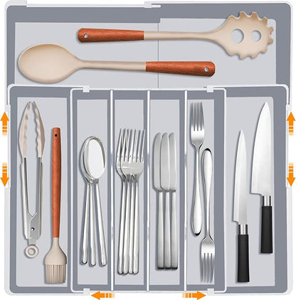 Silverware Drawer Organizer for Kitchen - Adjustable Utensil Holder Drawer Organizer, BPA Free Flatware and Cutlery Tray, Expandable Plastic Storage for Spoons Forks Knives, Grey