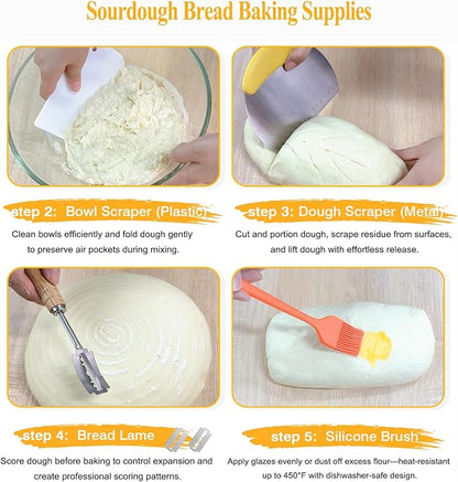 9 & 10 Inch Banneton Bread Proofing Basket Set with Liners,Dough Scraper,Bread Lame & Danish Whisk - Oval and Round Sourdough Baking Kit for Professional & Home Use