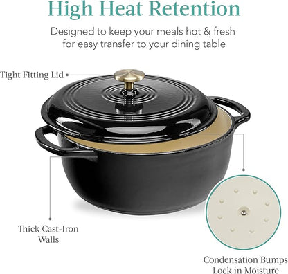 Best Choice Products 7.5 Quart Enamel Cast-Iron Round Dutch Oven, Family Style Heavy-Duty Pre-Seasoned Cookware for Home, Kitchen, Dining Room, Oven Safe w/Lid, Dual Handles - Black Licorice