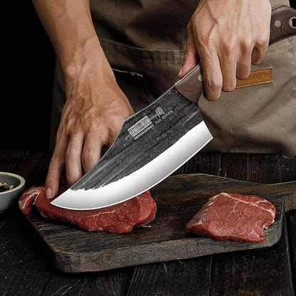 HOSHANHO Butcher Knife Set, Hand Forged Butcher Chef Knife Set with Roll Bag, Sharp Meat Cleaver Knife & Bone Chopper Knives & Fillet Knives for Home & Camping & BBQ Gift for Men
