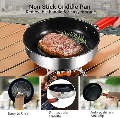 Camping Cookware Set 304 Stainless Steel Cooking Pots Pan Set with Travel Tote Bag for Camping Outdoor Kitchen Cooking Picnic for 4-6