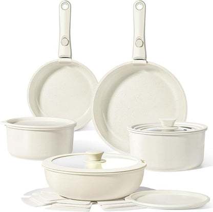 GiPP Ceramic Pots and Pans Set Non Stick, Nonstick Detachable Handle Cookware Sets, Healthy Non Toxic PFAS PFOA & PTFE Free, Dishwasher ＆Oven Safe, Induction Kitchen Pot and Pan, 15 Piece Cream
