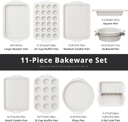 11-Piece Kitchen Nonstick Stackable Bakeware Set, Non Toxic Bakeware Sets with Silicone Handles, Includes Cookie Sheets, Cake Pan, Loaf Pan, Pizza Pan, Muffin Pan, White