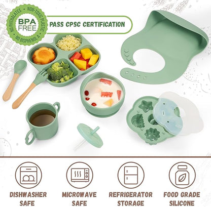 Silicone Baby Feeding Set, Baby Led Weaning Supplies, Baby Food Tableware Silicone Suction Plate, Bowl, Spoons, Fork, Waterproof Bib, Cup & Complementary Food Cake Mold, Baby Eating Utensils