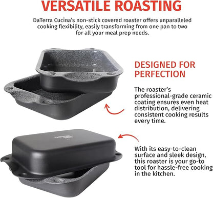 DaTerra Cucina - 13 x 8 x 4.25 Nonstick Ceramic Coated Dual Roasting Pan Set – 2 Identical Pans, Oven Safe, Ideal for Roasting, Baking, Searing, Braising, Casseroles, Fits Most Toaster Ovens
