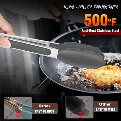 Heat Resistant Silicone Tongs Set - 600 Degrees, Kitchen Tongs for Cooking, Grilling, Turning - Stainless Steel and BPA Free Silicone Tips (7", 9" and 12 inch)