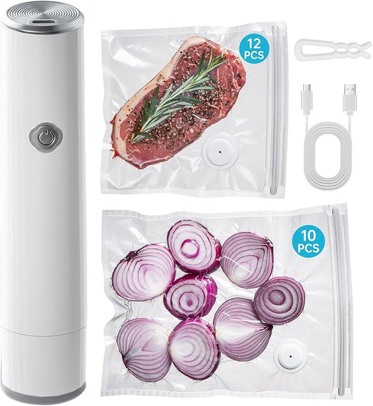 Handheld Vacuum Sealer for Food with 22 Reusable Sous Vide Bags, Compact Cordless Sealer Machine for Travel, Fresh & Save Meal Prep