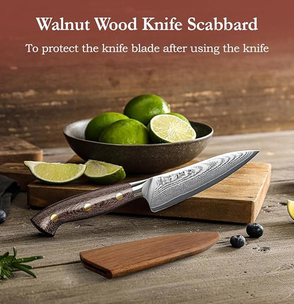 HEZHEN 5.3 Inches All Purpose Kitchen Knife with Sheath, 67 Layers Damascus Steel Kitchen Utility Knife for Cooking Preparation, Petty Knife, Micarta Handle,Gift Ready