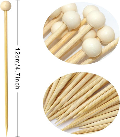 BLUE TOP 4.7 in 200PCS Wooden Ball Food Cocktail Picks Food Skewers Bamboo Picks for Charcuterie, Appetizers, & Cocktail Picks For Parties