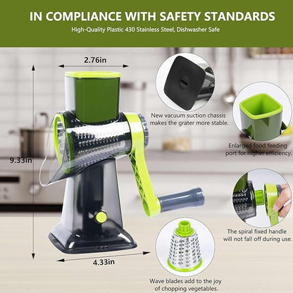 Rotary Cheese Grater with 3 Stainless Steel Blades, Hand Crank Vegetable Slicer, Suction Base, Green