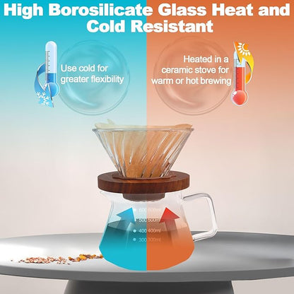 Pour Over Coffee Maker Set 600ml Portable with 100 Pcs Filter Paper Glass Coffee Maker High Borosilicate Glass Eagle Beak Spout Design Walnut Wood Base for Pour Over Dripper for Daily Brewing