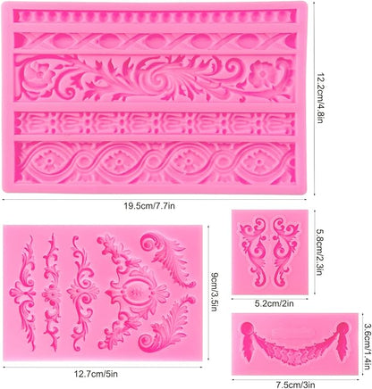 Rainmae 4 Pcs Baroque Fondant Silicone Molds, Relief Flower Lace Chocolate Mould, Scroll Lace Clay Mold, Filigree Mold 3D Sculpted Decoration, Cupcake Topper, Jewelry, Polymer Clay, Crafting Projects