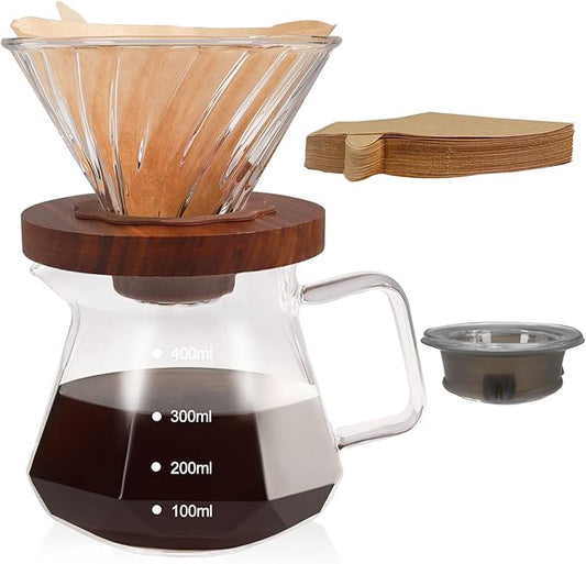 Pour Over Coffee Maker Set 400ml Portable with 50 Pcs Filter Paper Glass Coffee Maker High Borosilicate Glass Eagle Beak Spout Design Walnut Wood Base for Pour Over Dripper for Daily Brewing