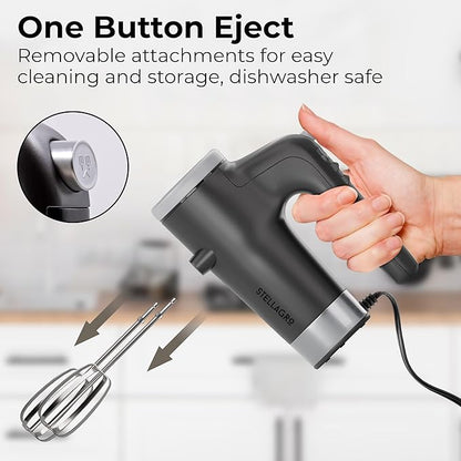 Electric Hand Mixer 9 Speed with Stainless Steel Whisk, Flat Beater & Dough Hook, Snap Storage Case, Compact Lightweight 350 W Powerful handheld mixer for Baking & Cooking, Gray