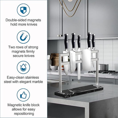 YIIYIIN Magnetic Knife Block with Marble Base - Double Sided Magnetic Knife Stand - Magnetic Knife Holder - Kitchen Knife Storage - Knife Holders for Counter Top - Black