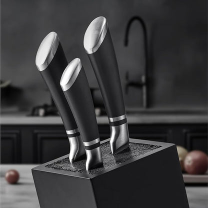 Navaris Knife Block, Black - Universal Knife Storage Solution - Bamboo Kitchen Knives Holder with Bristles - Tilted Storage for Easy Access - Removable Insert for Easy Cleaning