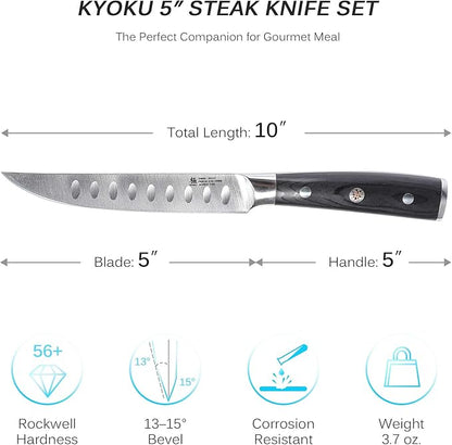 KYOKU Samurai Series - 5" Steak Knives Set of 4 with Sheath & Case - Full Tang - Japanese High Carbon Steel - Pakkawood Handle with Mosaic Pin (Japanese Steak Knife Set)