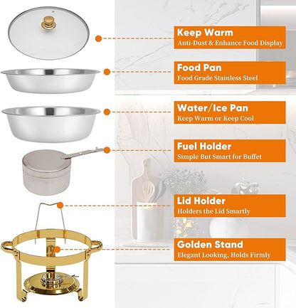 4 Pack Gold Round Chafing Dishes for Buffet, 5 QT Food Warmers and Cold Food Server for Parties, Events Hosting, Family Gatherings, Full Set Catering Supplies with Serving Utensils Accessories