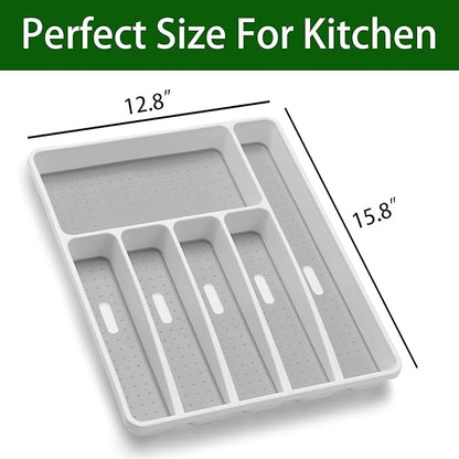 Silverware Organizer Utensil Organizer Holder Kitchen Drawer Organizer Plastic Silverware Tray for Drawer Flatware Organizer 6 Compartment White