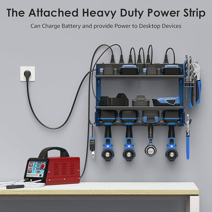 CCCEI Modular Power Tool Organizer Wall Mount with Charging Station. Garage Drill Storage Shelf with Hooks, Heavy Duty Rack, Tool Battery Holder Built in 8 Outlet. Gift for Men. Blue, 1 Pack.