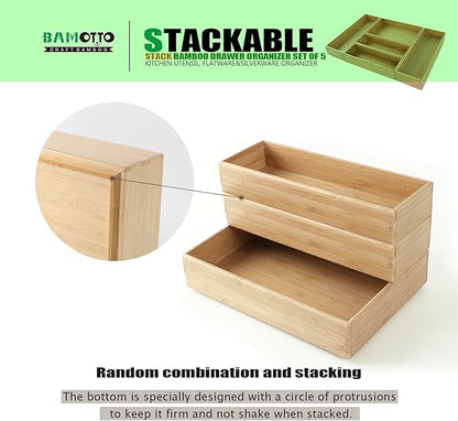 Stack Bamboo Drawer Organizer Set of 5, Kitchen Utensil, Flatware&Silverware Organizer-Wood Laminated Stackable for Kitchen, Bedroom, 13.4''x4.5''*2+10.2''x3.3''*2+10.2''x6.7''*1