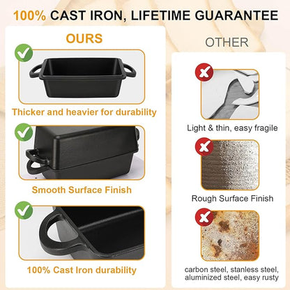 Cast Iron Loaf Pan with Lid | 9×5 Inch Bread Baking Pan | Even Heat Distribution for Perfect Homemade Bread, Cake, Meatloaf | Durable 2 Piece Set for Baking Enthusiasts Black